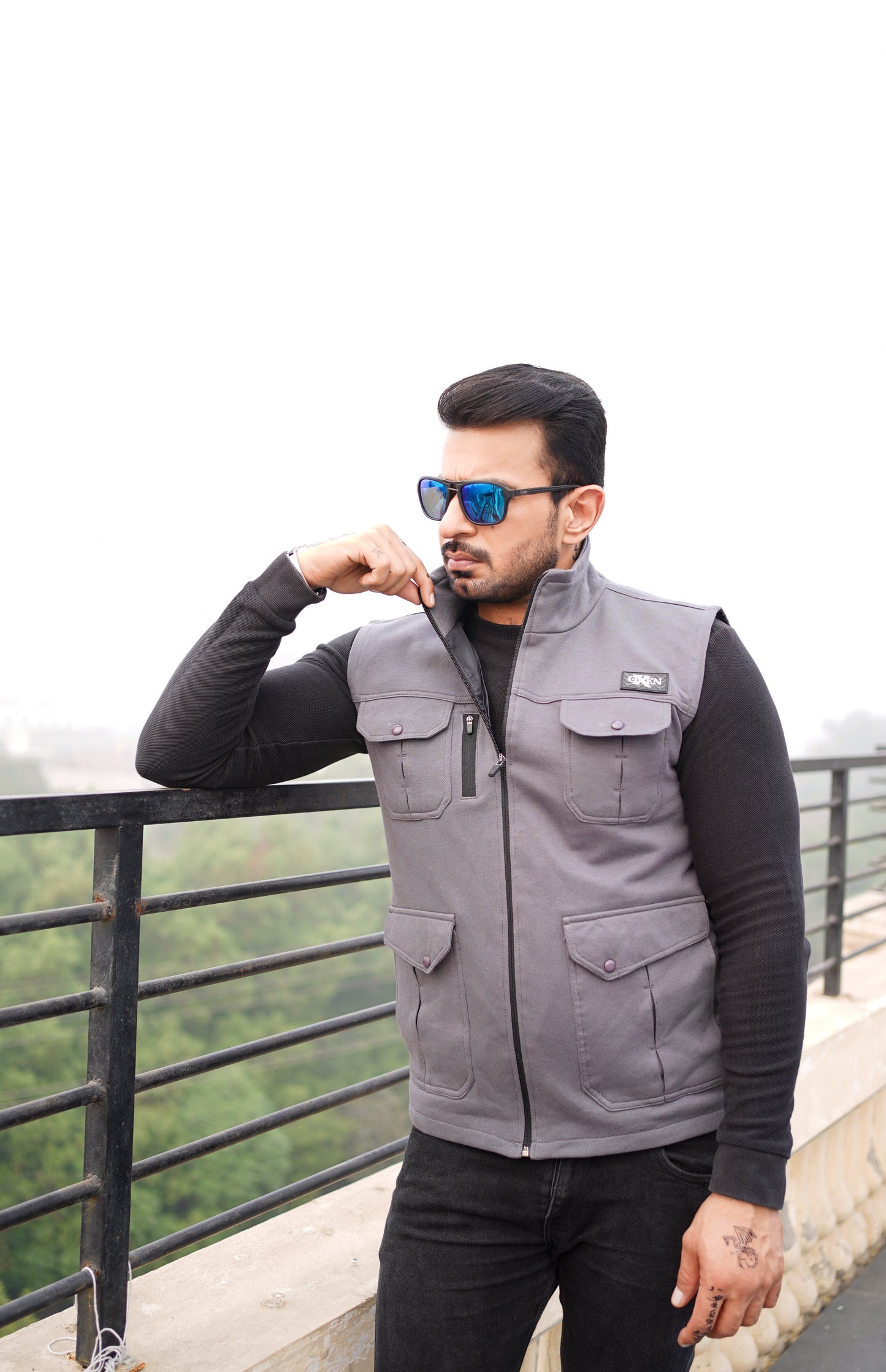 Premium Cotton Fleece Four Pocket sleeveless Jacket Grey Jkt-02