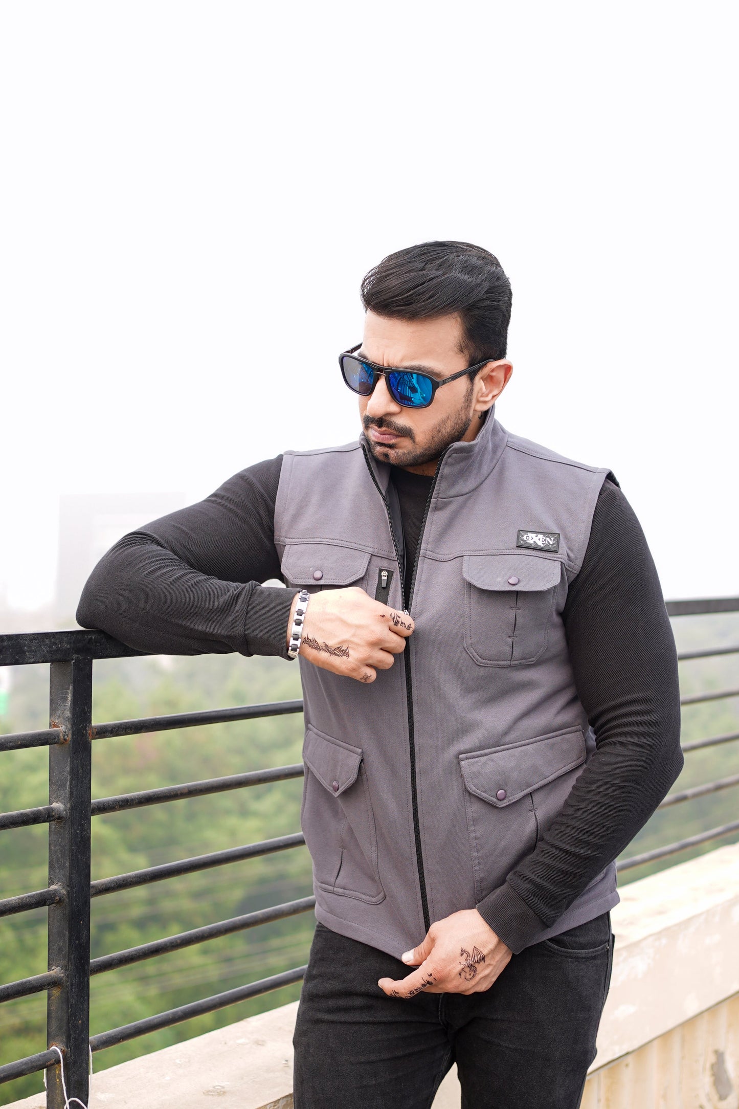 Premium Cotton Fleece Four Pocket sleeveless Jacket Grey Jkt-02