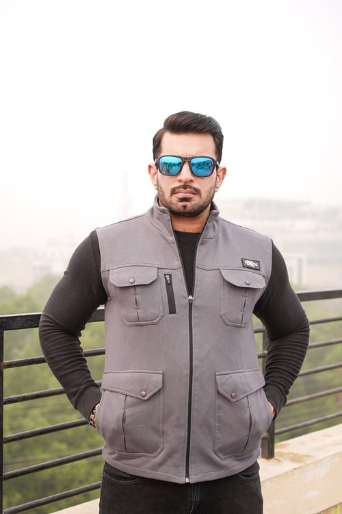 Premium Cotton Fleece Four Pocket sleeveless Jacket Grey Jkt-02
