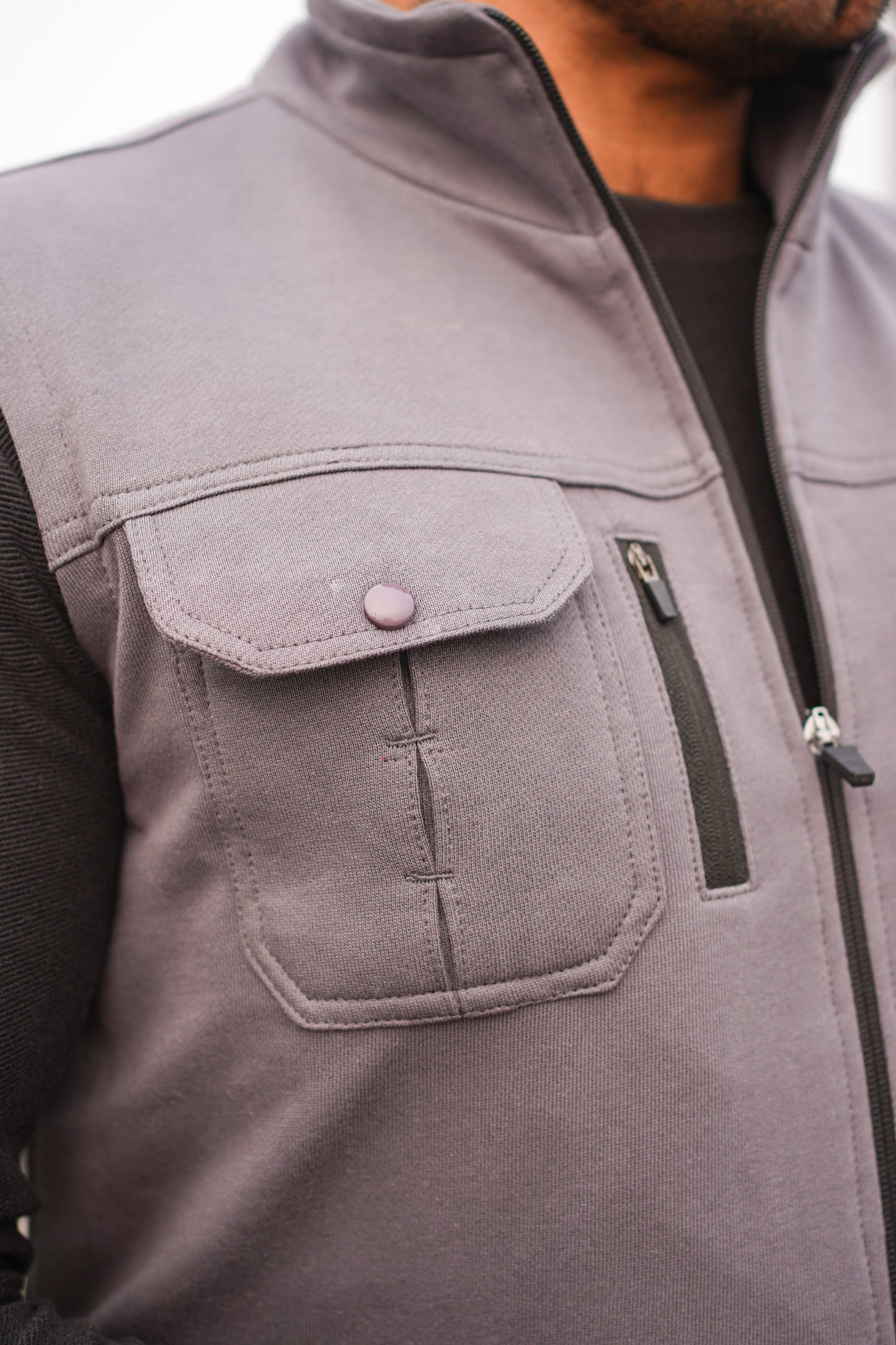 Premium Cotton Fleece Four Pocket sleeveless Jacket Grey Jkt-02