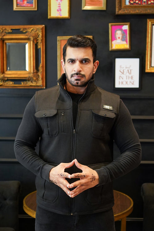 Premium Cotton Fleece Four Pocket sleeveless Jacket Black Jkt-01
