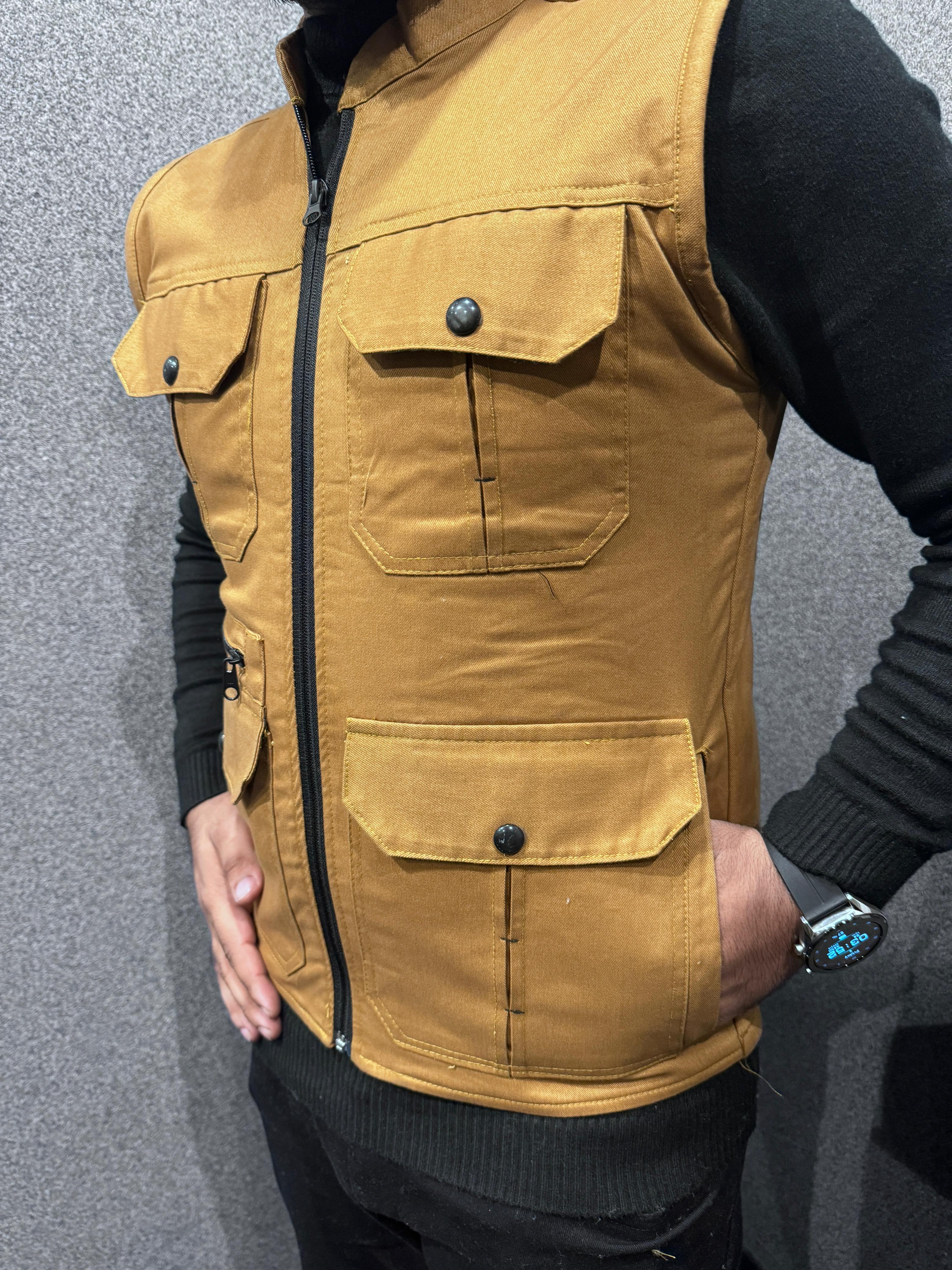 LV Men's Premium Cotton Jeans Sleeveless Mustard Stylish Jacket LV#TJJ03