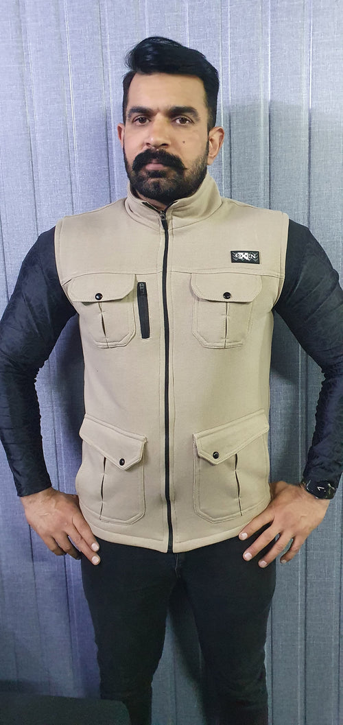 Premium Cotton Fleece Four Pocket sleeveless Jacket Beige 12