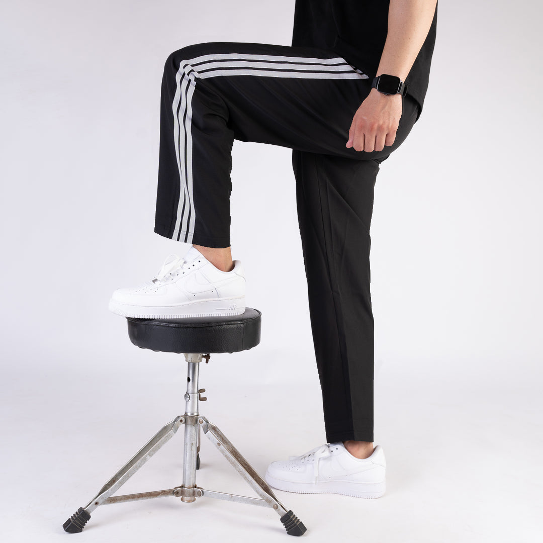 Imported Black Micro Relaxed Fit Trousers with Three Silver Stripes