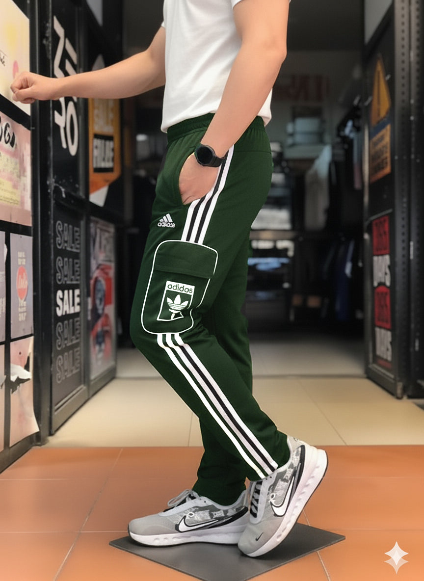 Premium Bottle Green Three Tapes Men's 4 way Stretch-able Lycra Oval Pocket Cargo Trousers