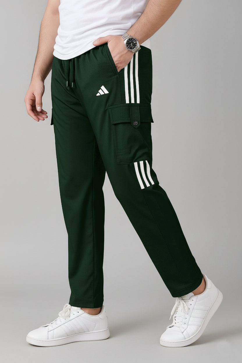 Premium Green Three Tapes Men's 4 way Stretch-able Lycra Cargo Trouser