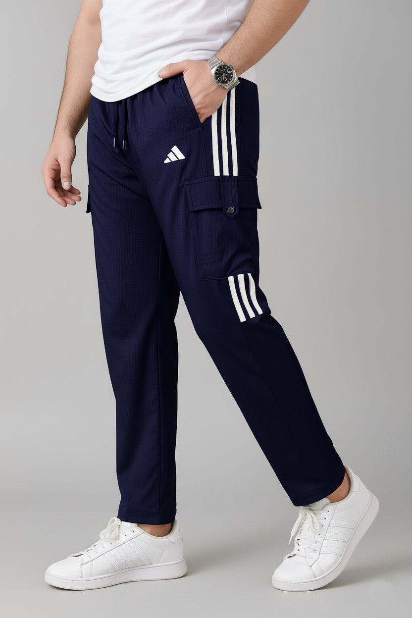 Premium Navy Blue Three Tapes Men's 4 way Stretch-able Lycra Cargo Trouser