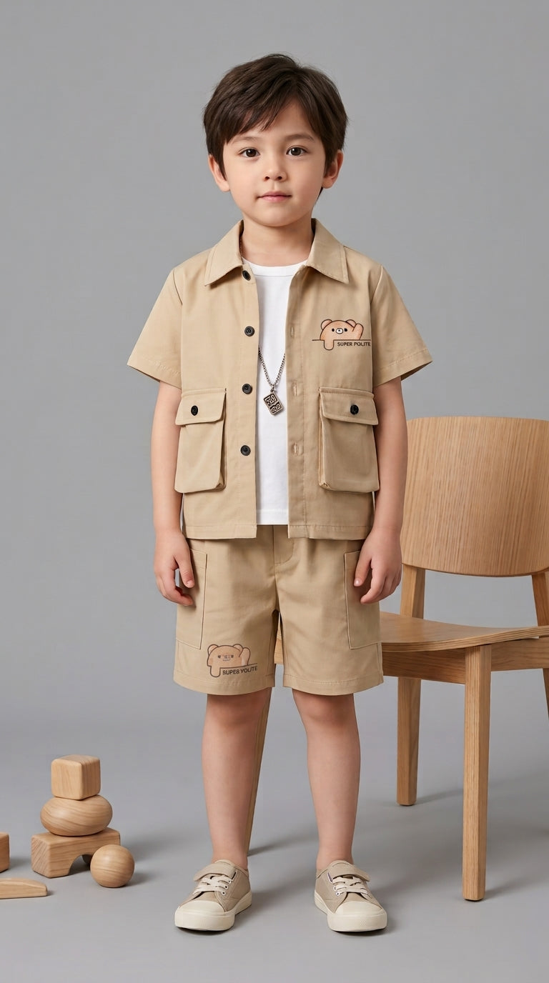 Kids Premium Micro Stretch Co-Ord Set – Light Biege Summer Outfit for Boys & Girls