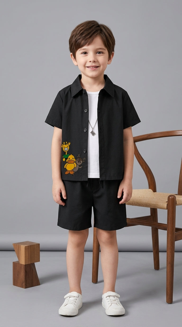 Kids Premium Cotton Stretch Co-Ord Set – Black Carton Outfit for Boys & Girls