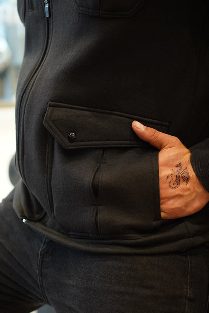 Premium Cotton Fleece Four Pocket sleeveless Jacket Black  Jkt-01