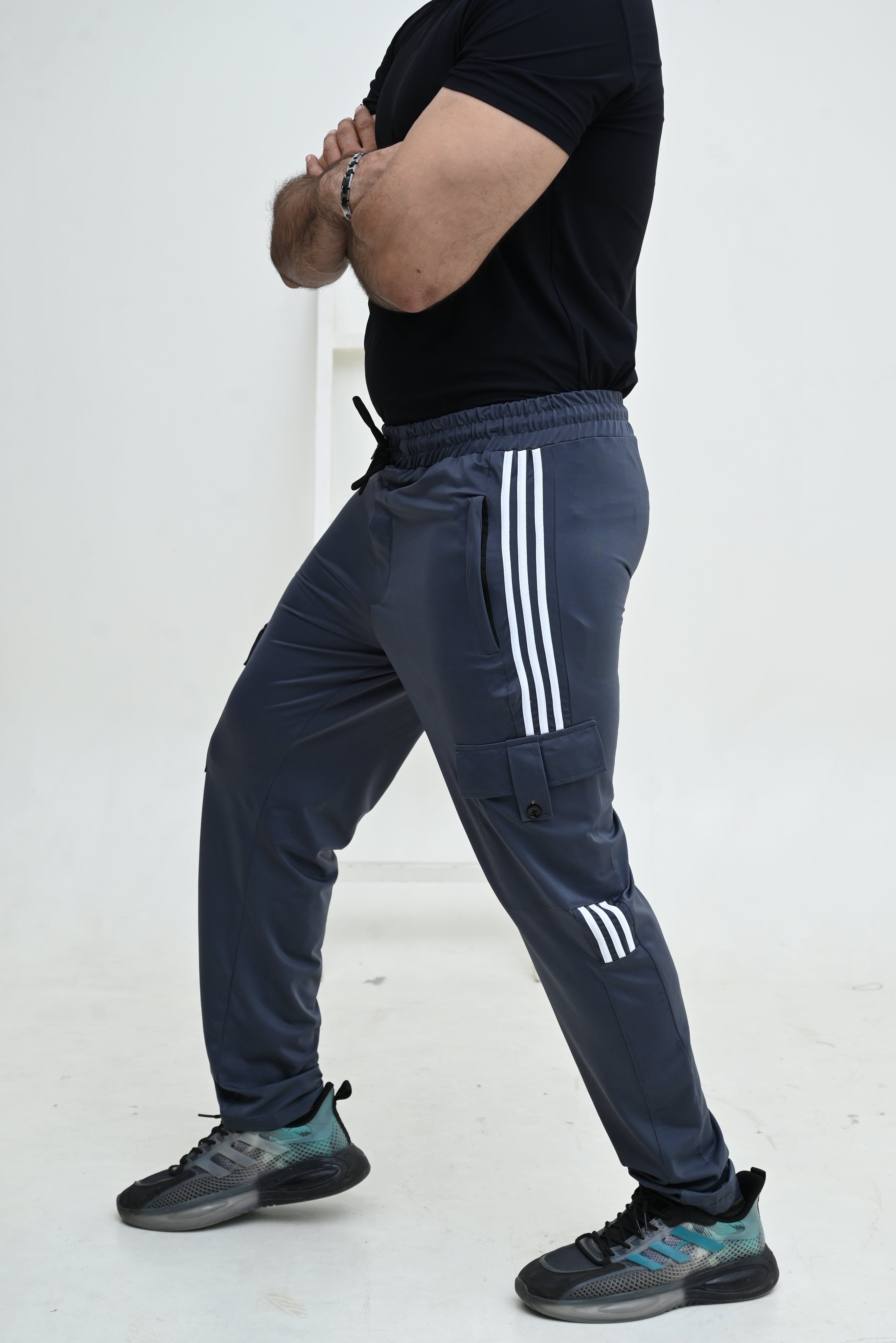 Three Tapes Men's 4 way Stretch-able Lycra Cargo Trousers Grey