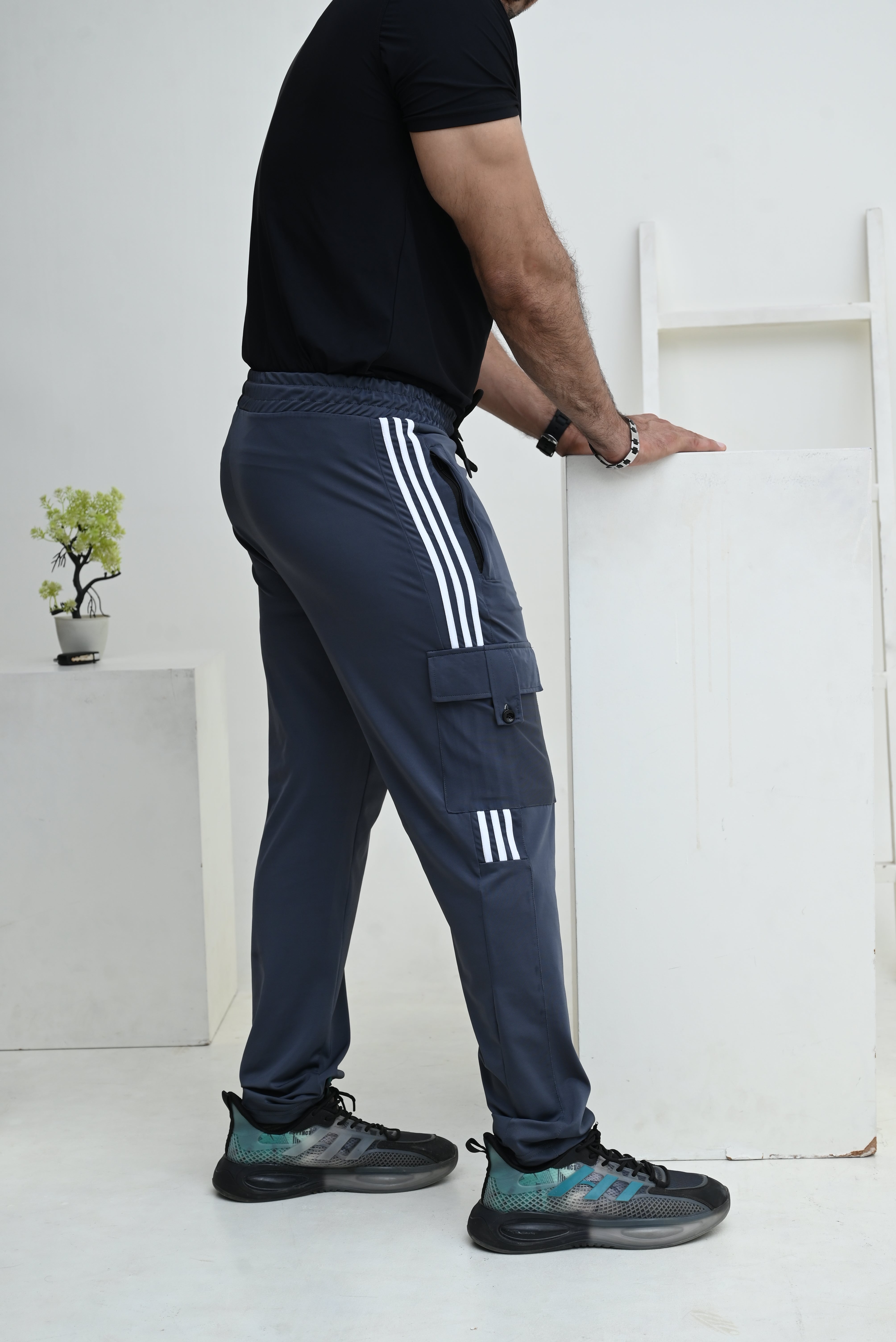 Three Tapes Men's 4 way Stretch-able Lycra Cargo Trousers Grey
