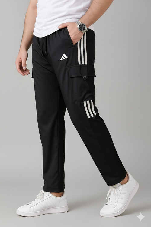 Premium Black Three Tapes Men's 4 way Stretch-able Lycra Cargo Trouser