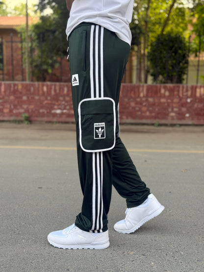 Premium Bottle Green Three Tapes Men's 4 way Stretch-able Lycra Oval Pocket Cargo Trousers