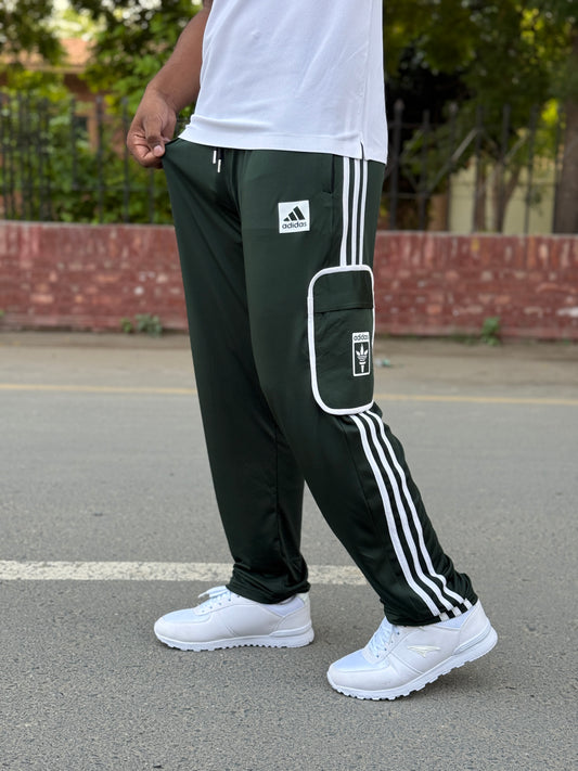 Premium Bottle Green Three Tapes Men's 4 way Stretch-able Lycra Oval Pocket Cargo Trousers