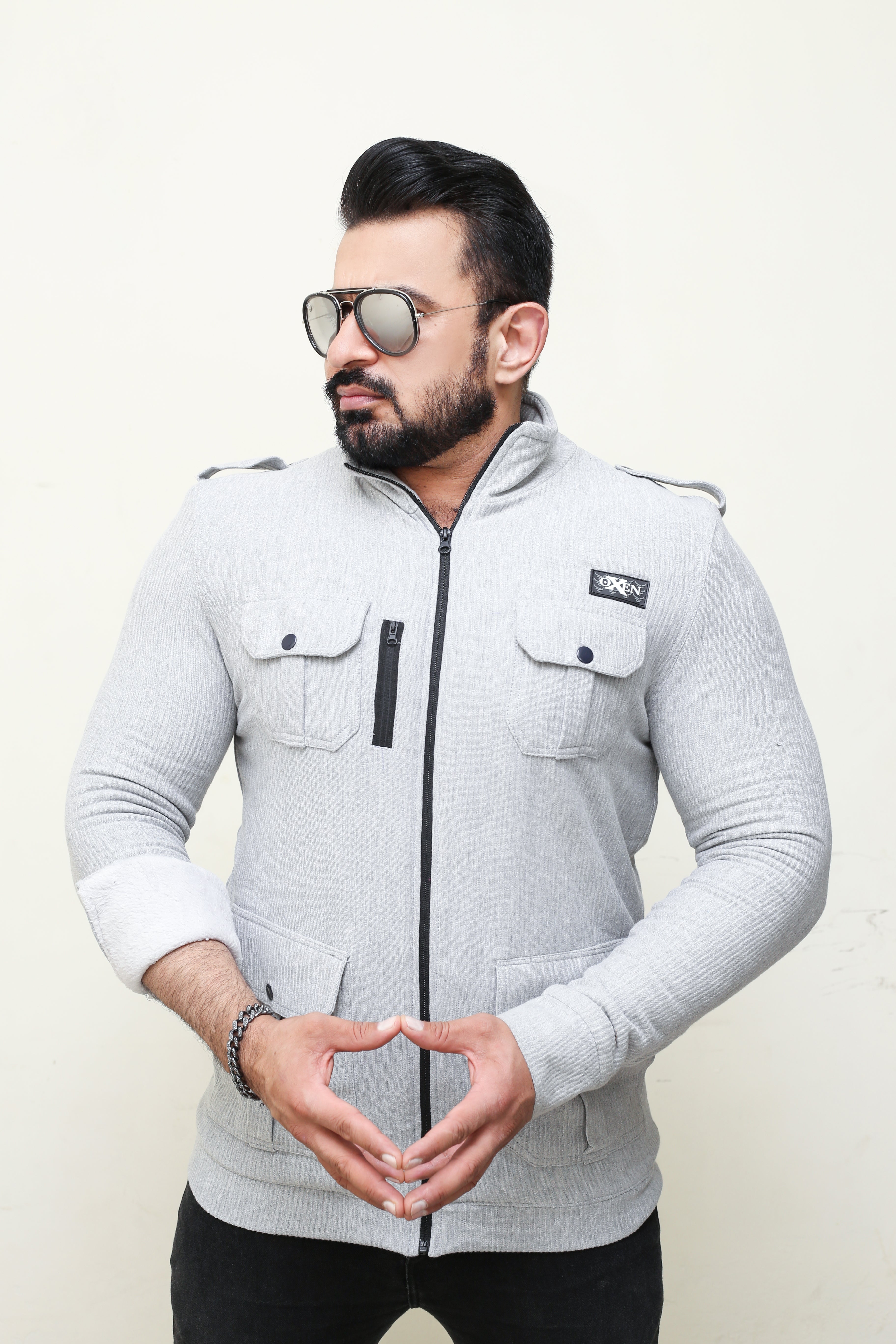 Premium Four Pocket Full Sleeve  striped Grey  Jacket #10