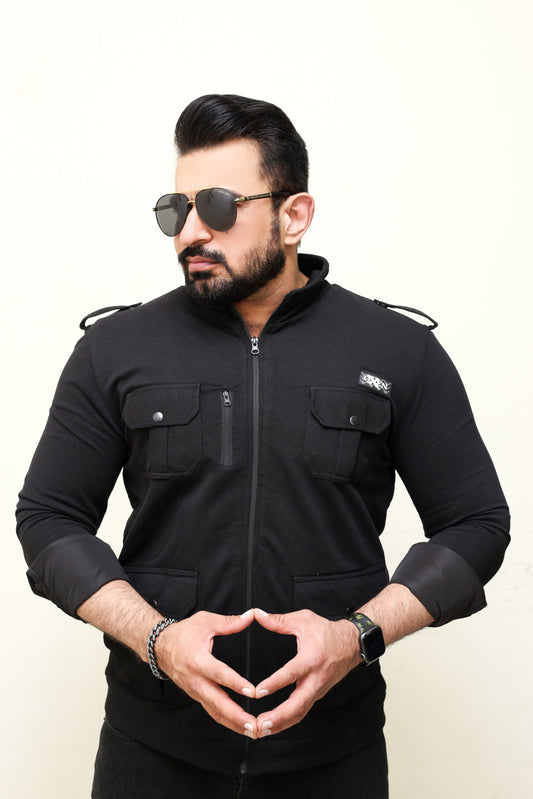 Premium Four Pocket Full Sleeve  striped Black Jacket