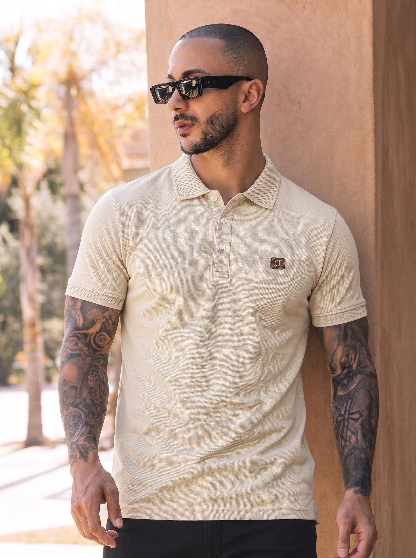 Light Beige  Premium Cotton PK Polo Shirt Jacquard Rib & Collar