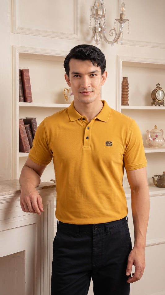 Mustard Premium Cotton PK Polo Shirt Jacquard Rib & Collar