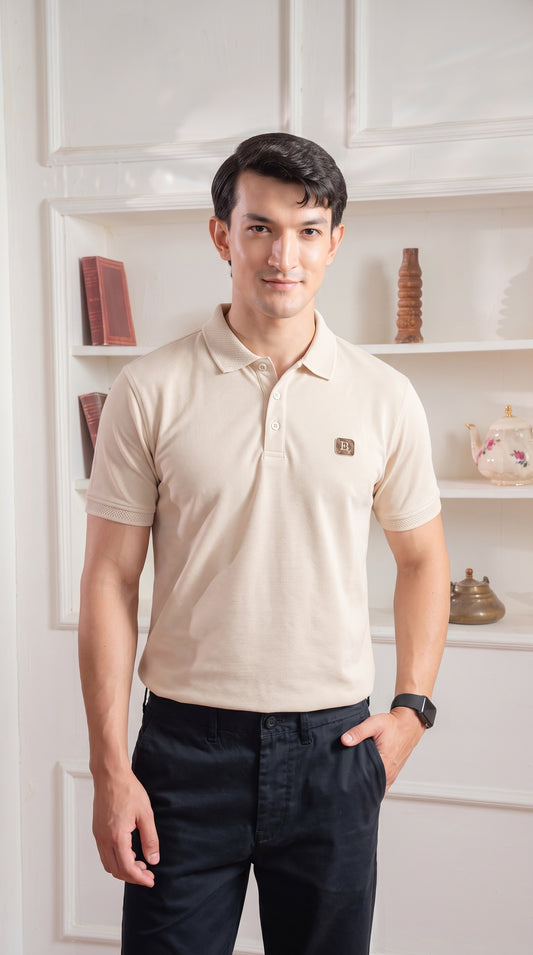 Light Beige  Premium Cotton PK Polo Shirt Jacquard Rib & Collar