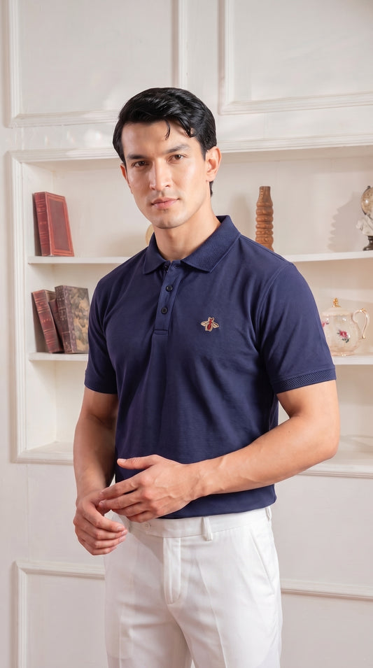 Navy Blue  Premium Cotton PK Polo Shirt Jacquard Rib & Collar