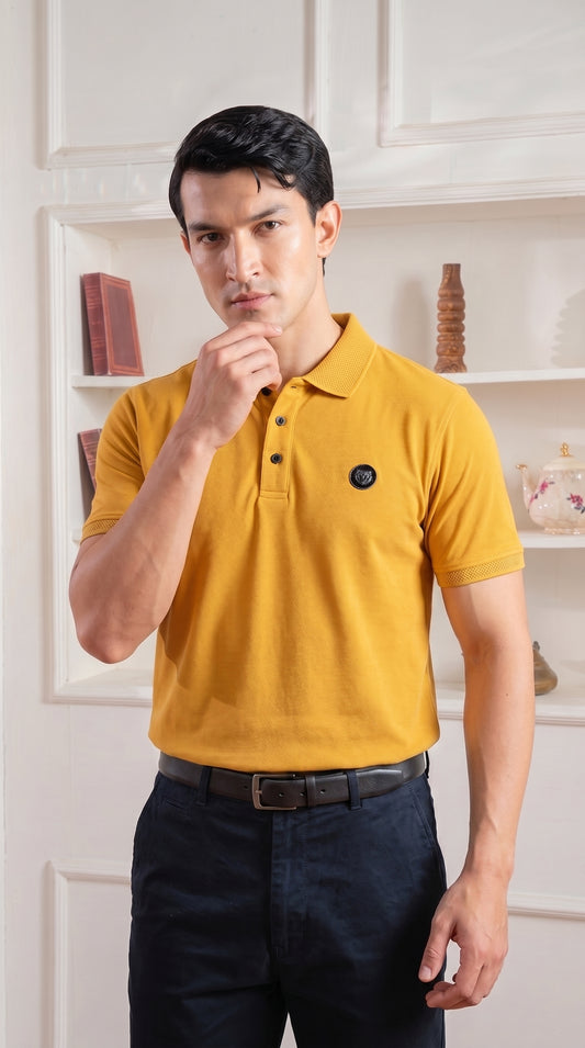 Yellow Premium Cotton PK Polo Shirt Jacquard Rib & Collar
