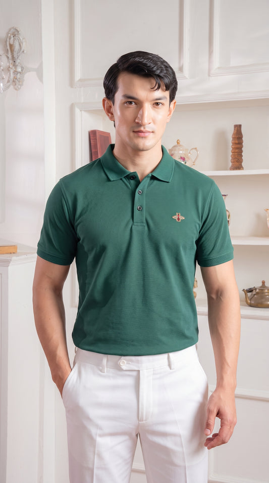 Dark Green Premium Cotton PK Polo Shirt Jacquard Rib & Collar