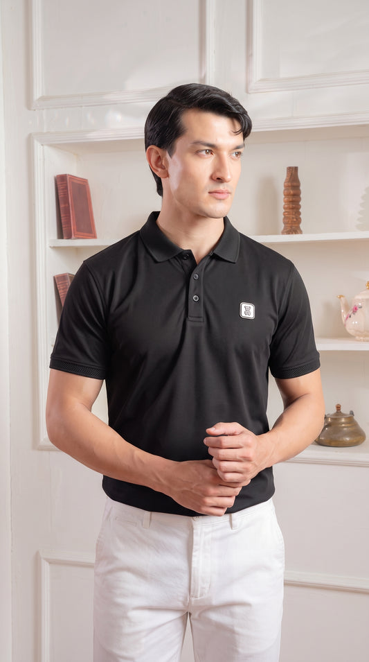Black Premium Cotton PK Polo Shirt Jacquard Rib & Collar