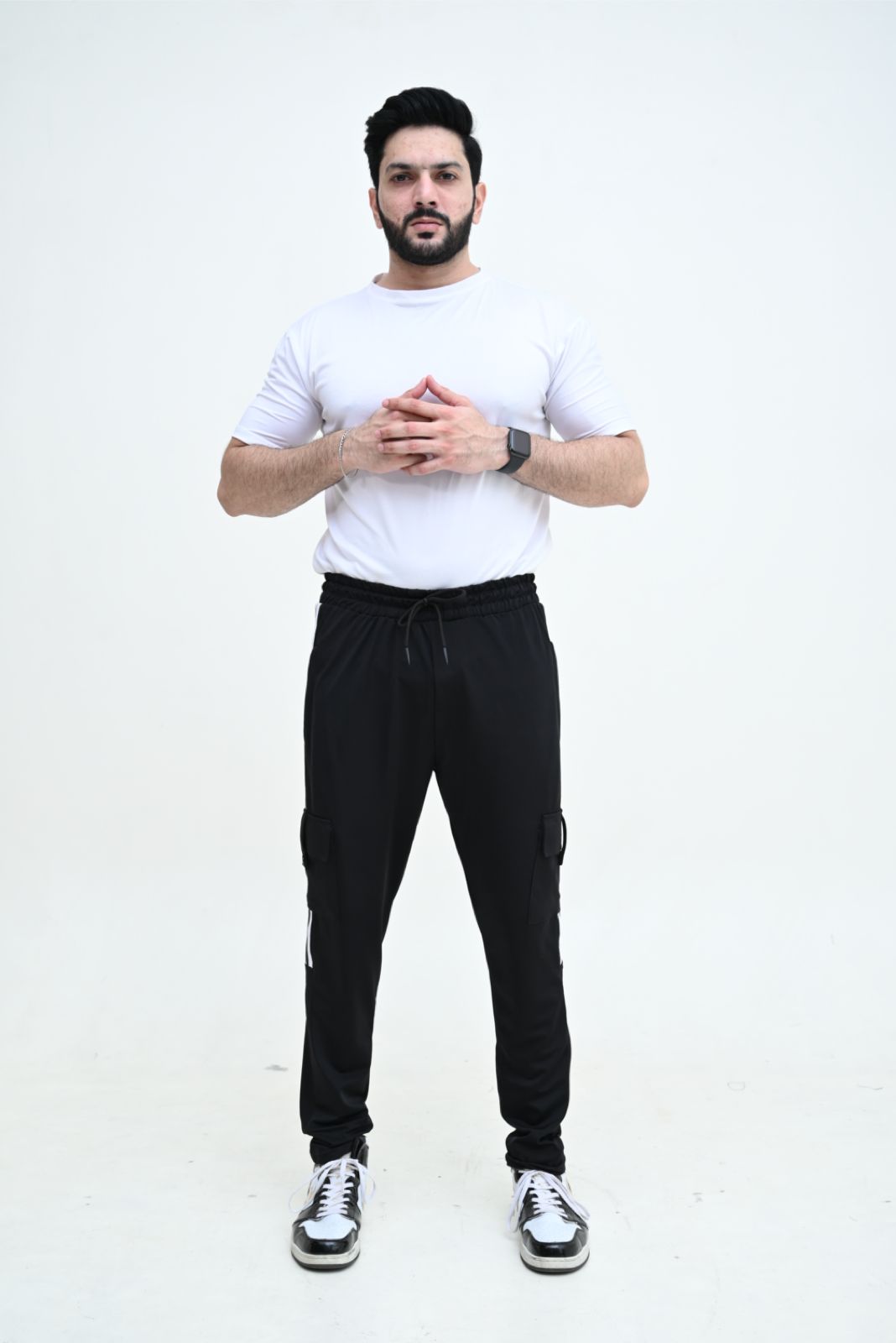 Three Tapes Men's 4 way Stretch-able Lycra Cargo Trousers  Black