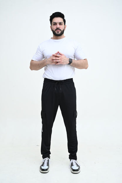 Three Tapes Men's 4 way Stretch-able Lycra Cargo Trousers  Black