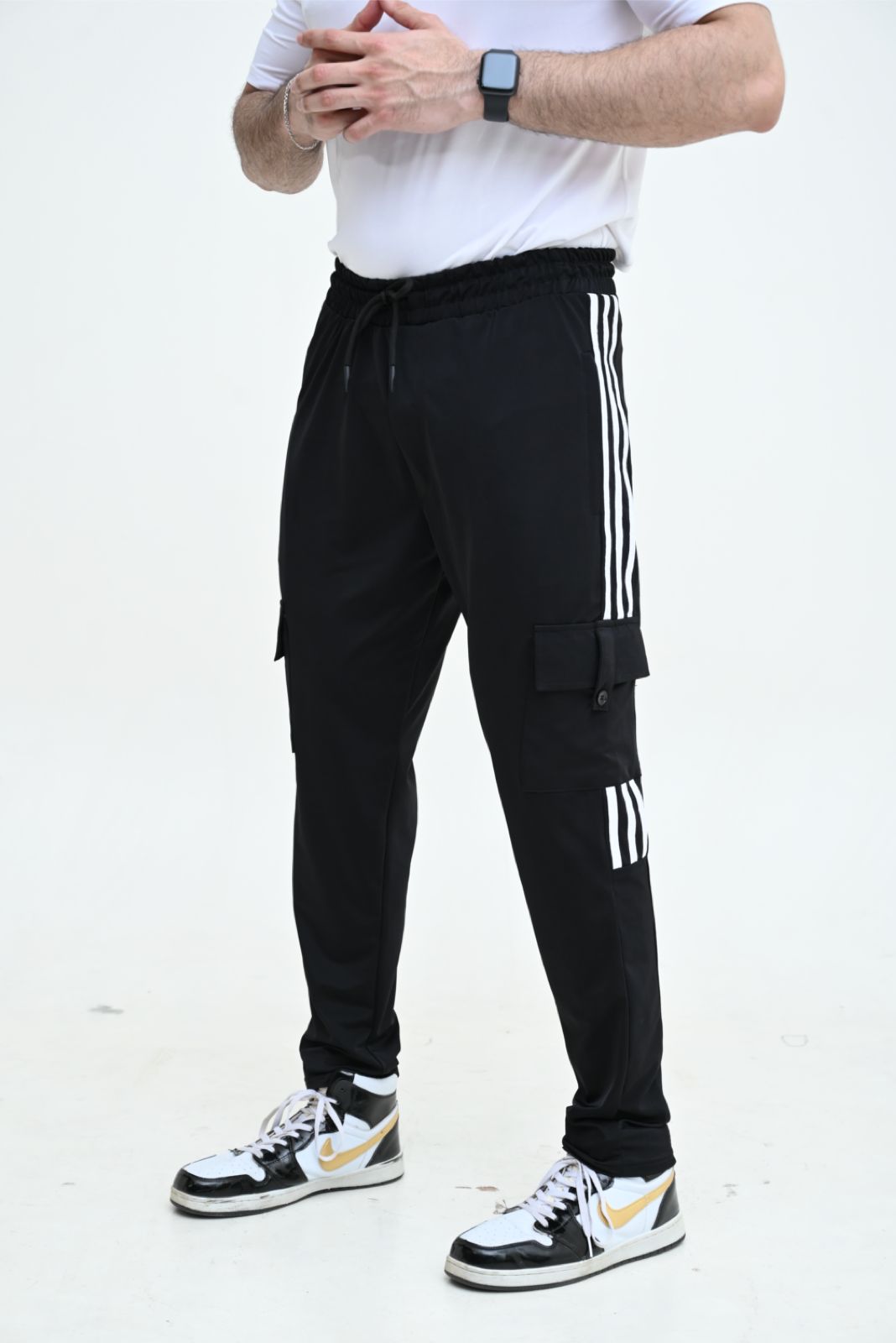Three Tapes Men's 4 way Stretch-able Lycra Cargo Trousers  Black