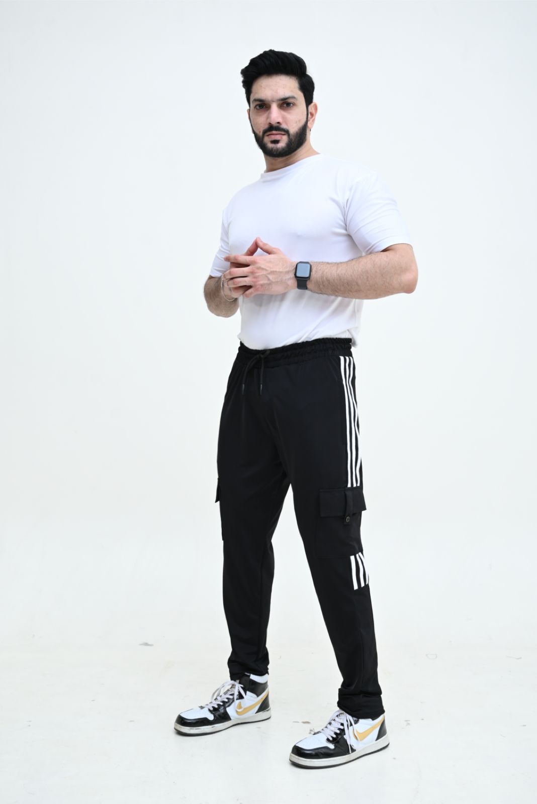 Three Tapes Men's 4 way Stretch-able Lycra Cargo Trousers  Black