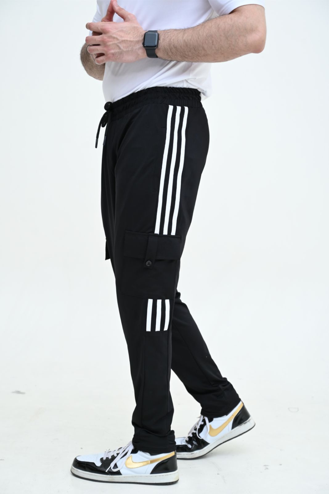 Three Tapes Men's 4 way Stretch-able Lycra Cargo Trousers  Black