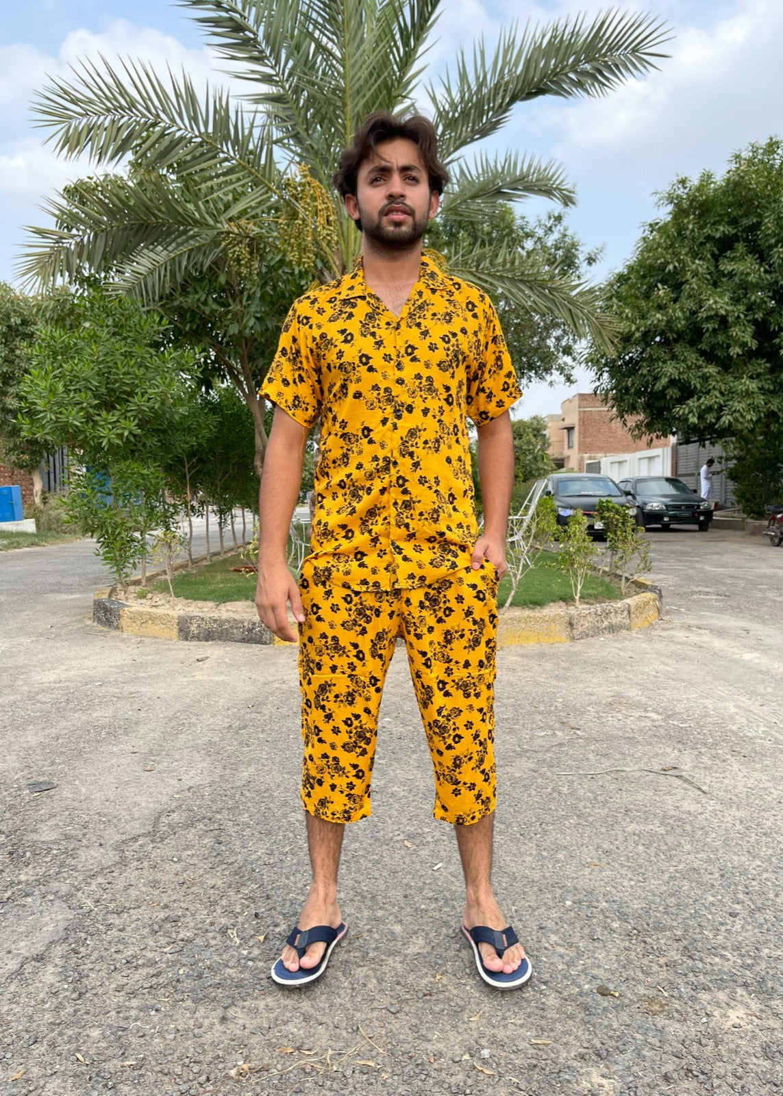 STONE LILEN YELLOW BLACK  FLOWERAL SUMMER TWIN SUITS FOR MENS 08