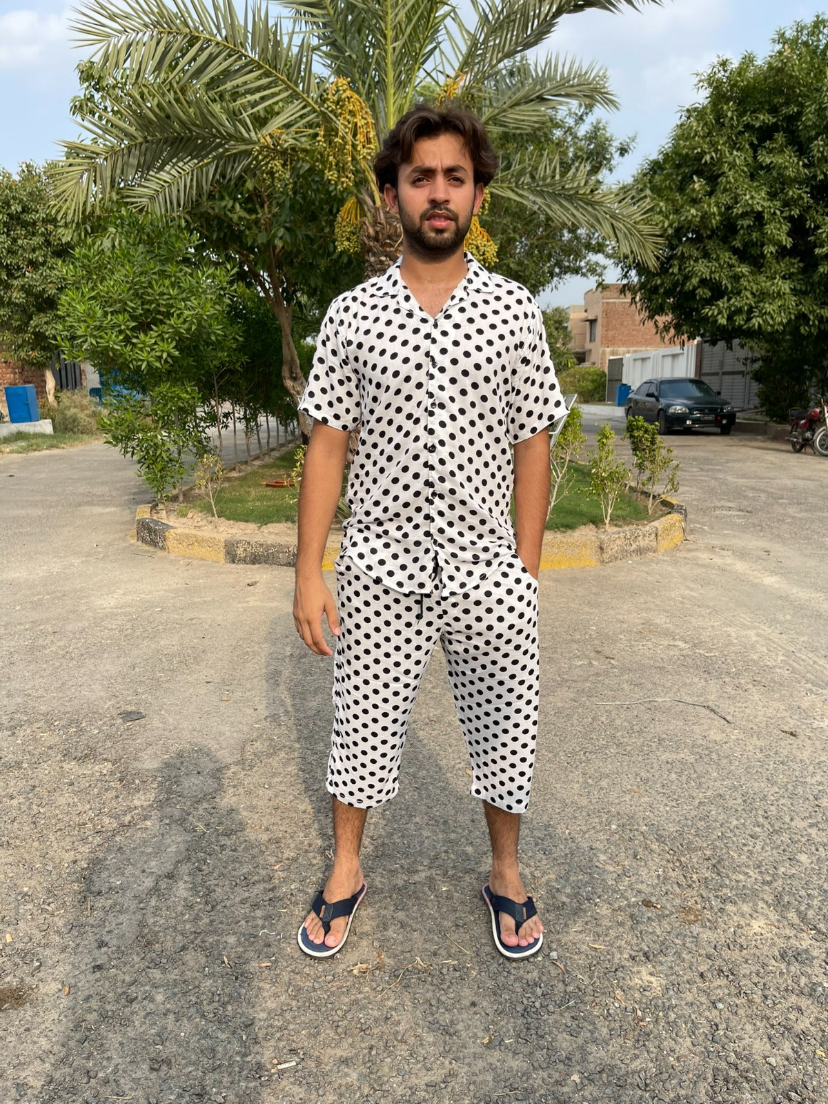 STONE LILEN  BLACK WHITE DOTS FLOWERAL SUMMER TWIN SUITS FOR MENS 010