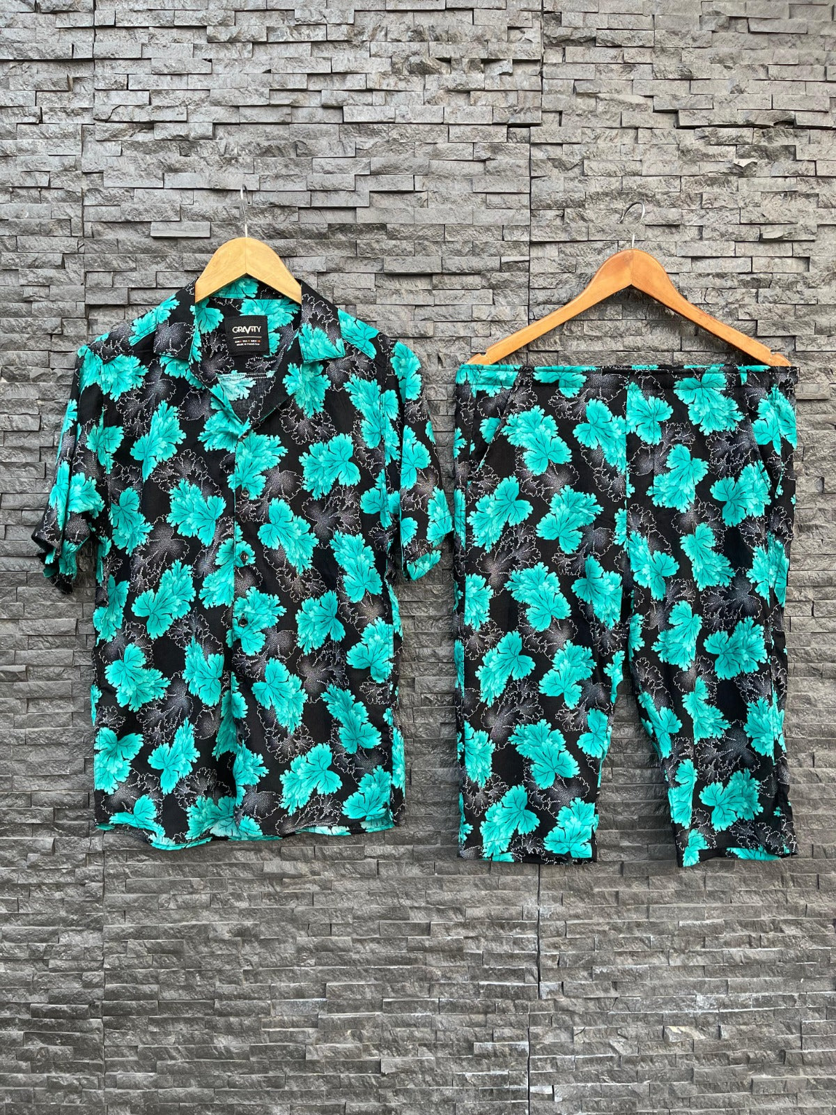 STONE LILEN BLACK GREEN   FLOWERAL SUMMER TWIN SUITS FOR MENS 04