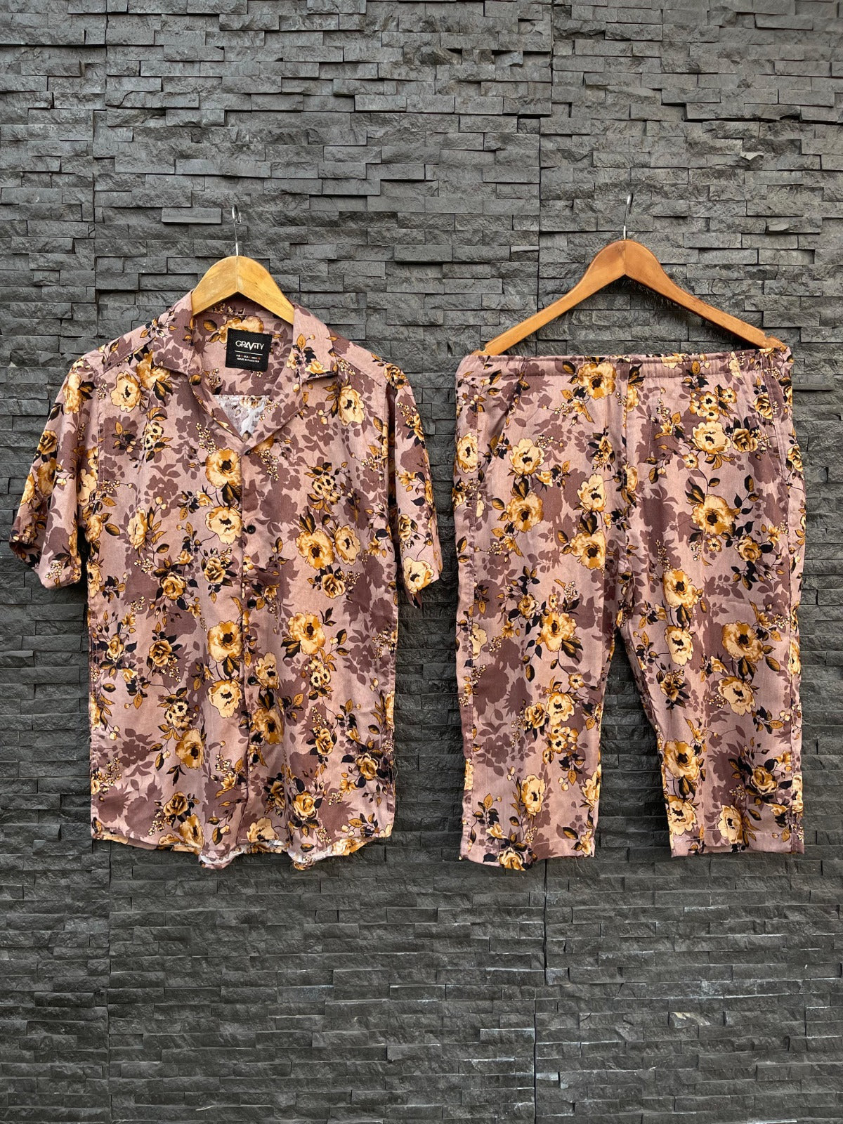 STONE LILEN COFFEE  FLOWERAL SUMMER TWIN SUITS FOR MENS 03