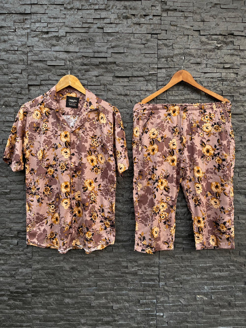STONE LILEN COFFEE  FLOWERAL SUMMER TWIN SUITS FOR MENS 03