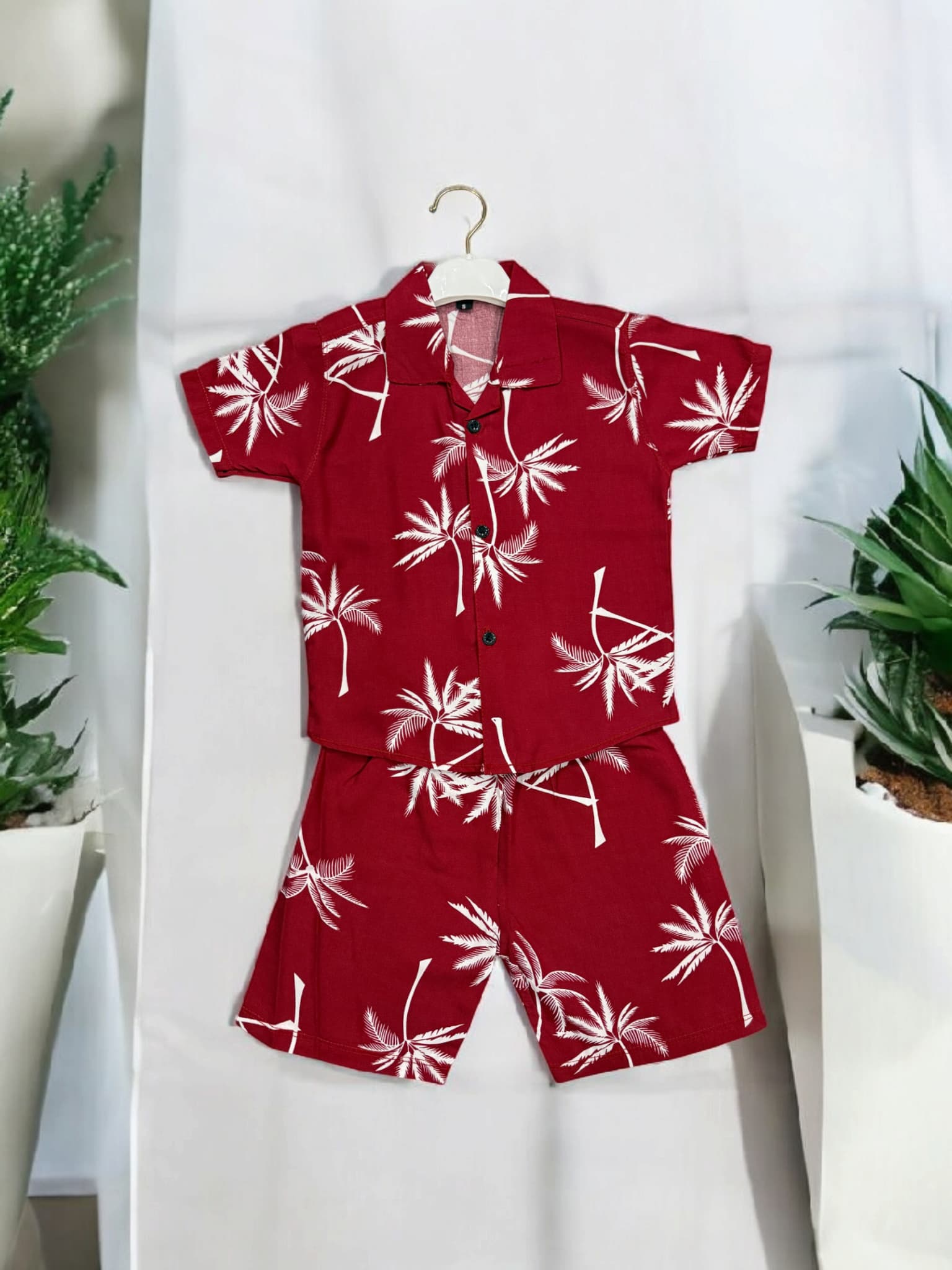 KID'S PREMIUM SUMMER STONE LILEN  MAROON PALM TRACKSUIT FOR BOY & GIRL