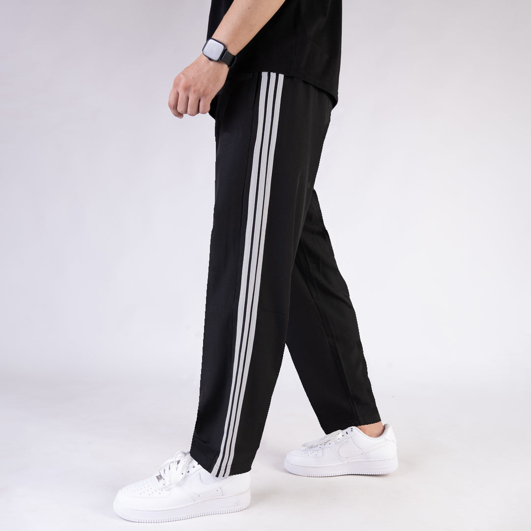 Imported Black Micro Relaxed Fit Trousers with Three Silver Stripes
