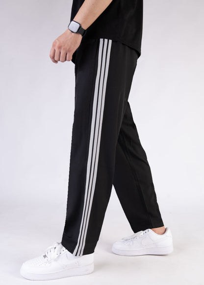 Imported Black  Micro Relaxed Fit Trousers with Three Silver Stripes