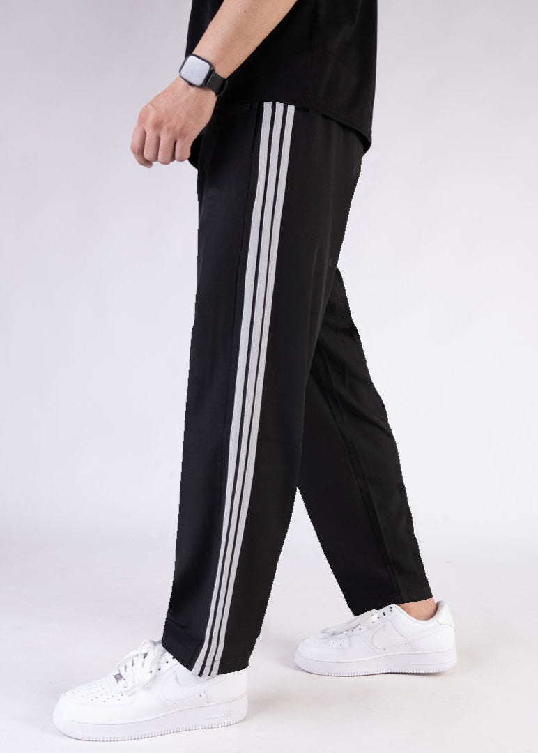 Imported Black  Micro Relaxed Fit Trousers with Three Silver Stripes