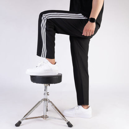Imported Black Micro Relaxed Fit Trousers with Three Silver Stripes