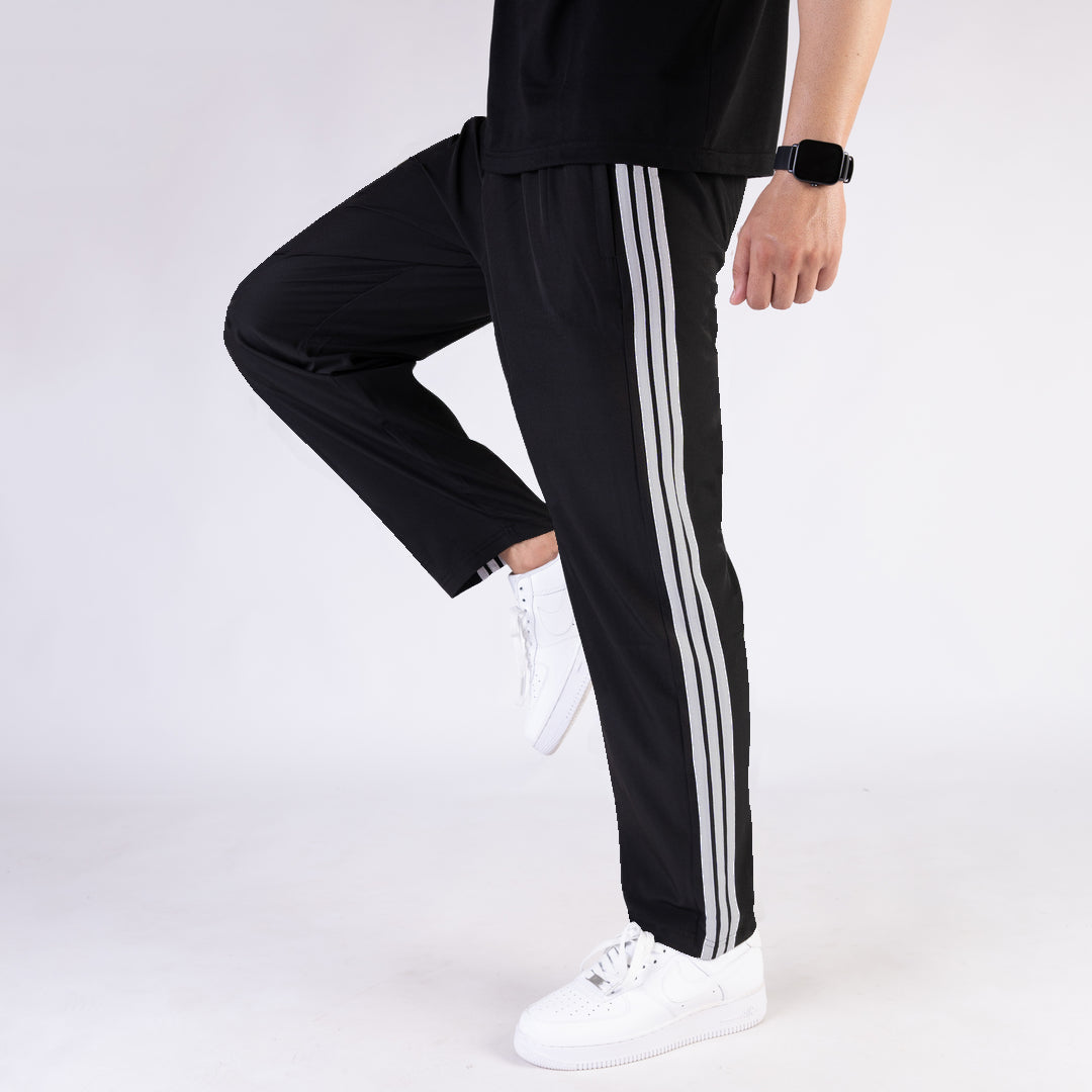 Imported Black  Micro Relaxed Fit Trousers with Three Silver Stripes