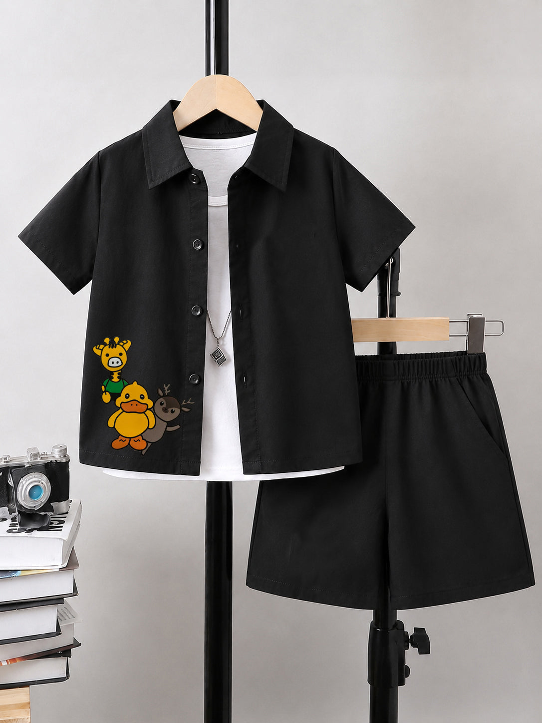 Kids Premium Cotton Stretch Co-Ord Set – Black Carton Outfit for Boys & Girls